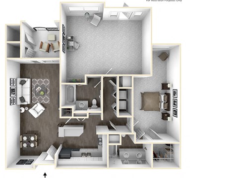 Floor plan for 1 bed, 2 baths, 1312 sqft